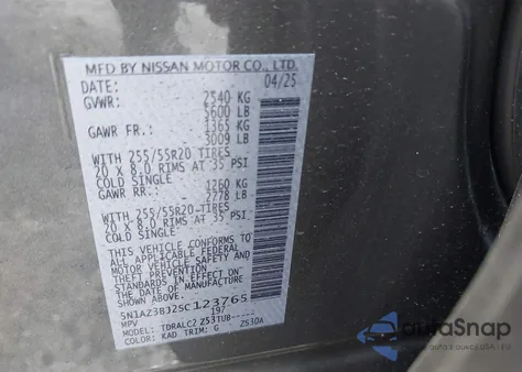 2025 Nissan Murano Sv from USA, damaged, VIN 5N1AZ3BJ2SC123765